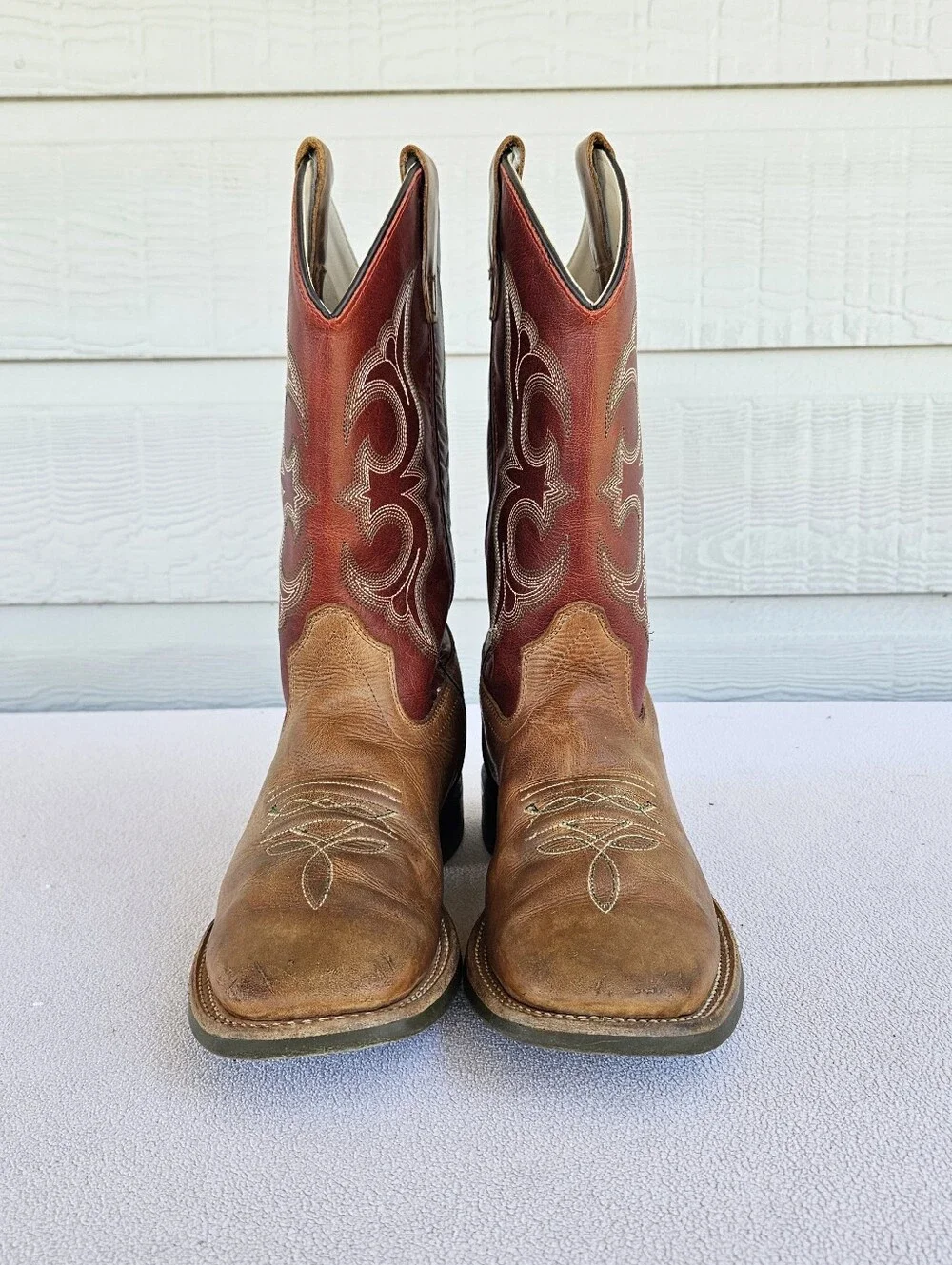 Old West Broad Square Toe Leather Western Cowboy Boots Youth SZ 5.5 Brown Red